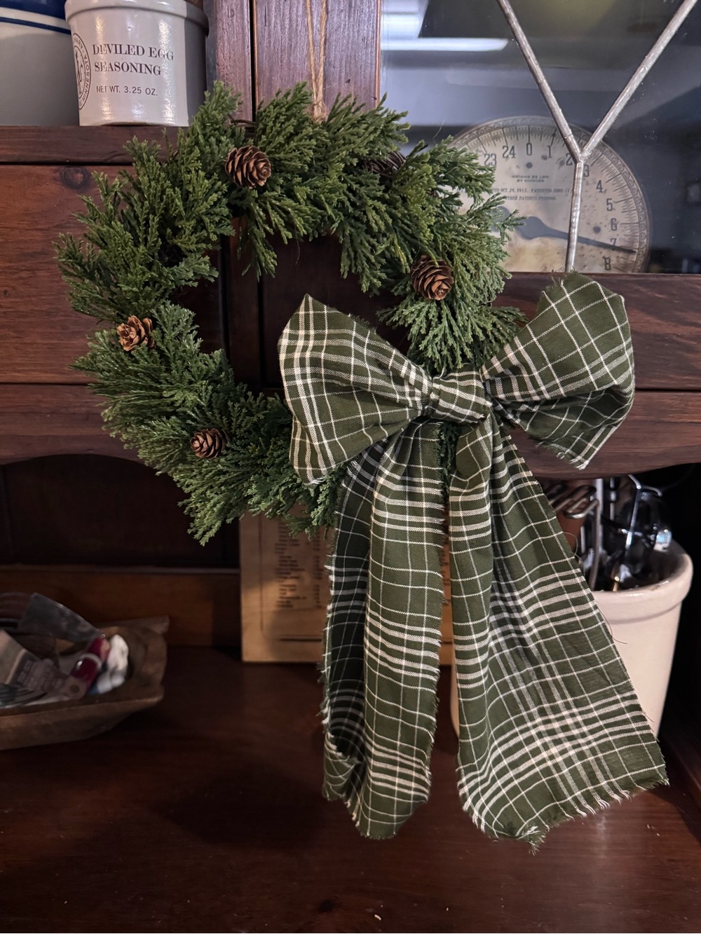 10” Evergreen Pine Holiday Wreath with Green Plaid Bow (#1)